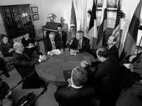 Presidents Heydar Aliyev and Robert Kocharian with the three Minsk Group co-chairs and US Secretary of State Colin Powell at the Key West talks, April 2001.